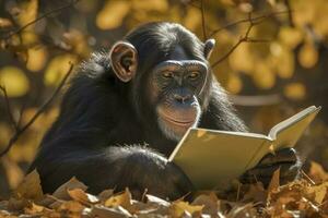 öffnen Buch mit Tier Karikatur spielen im das Park unter ein groß Baum, generieren ai foto