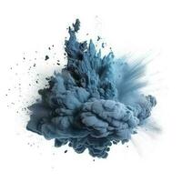 abstrakt Blau Staub Explosion auf Weiß Hintergrund. einfrieren Bewegung von Blau Pulver Spritzen. gemalt holi im Festival, generieren ai foto