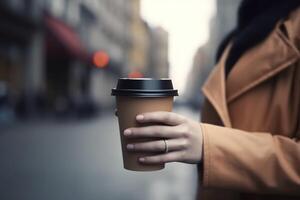 weiblich Hand mit Papier Tasse von Kaffee nehmen weg. Frau halten zu gehen nehmen aus Kaffee Tasse, verschwommen Stadt Straße auf Hintergrund. ai generiert Bild. foto