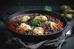 traditionell Italienisch Spaghetti al Nero di seppia mit Tintenfisch Tinte im Tomate Soße serviert wie Nahansicht im ein Gusseisen schwenken auf ein hölzern Planke, generieren ai foto