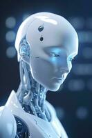 chatgpt, ein Denken Roboter, ein Humanoid Roboter Gesichter Nahansicht futuristisch modern Technik Chatbot Hilfe Auto Gespräch, Zukunft Digital Technologie ai künstlich Intelligenz Konzept, generieren ai foto