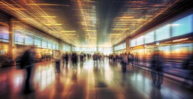 Flughafen Gebäude, International Terminal, eilen Menschen zu Land, verschwommen Hintergrund - - ai generiert Bild foto