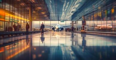 Flughafen Gebäude, International Terminal, eilen Menschen zu Land, verschwommen Hintergrund - - ai generiert Bild foto