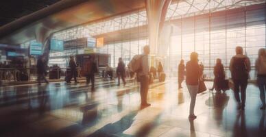 Flughafen Gebäude, International Terminal, eilen Menschen zu Land, verschwommen Hintergrund - - ai generiert Bild foto