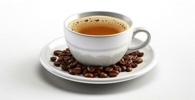 Weiß Tasse von Kaffee mit Kaffee Bohnen auf Weiß Hintergrund - - ai generiert Bild foto