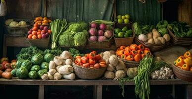 Gemüse Bauern Markt Stall, bunt verschiedene frisch organisch gesund Gemüse - - ai generiert Bild foto