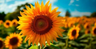 Feld von Sonnenblumen im blühen, heiß sonnig Sommer, Panorama- hell Hintergrund - - ai generiert Bild foto