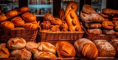 frisch gebacken Brot auf Bäckerei Vitrine, Weizen Produkte - - ai generiert Bild foto