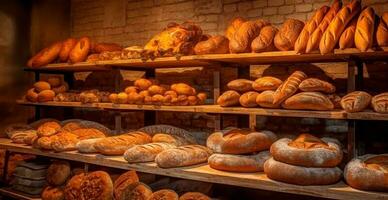 frisch gebacken Brot auf Bäckerei Vitrine, Weizen Produkte - - ai generiert Bild foto