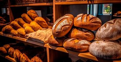 frisch gebacken Brot auf Bäckerei Vitrine, Weizen Produkte - - ai generiert Bild foto