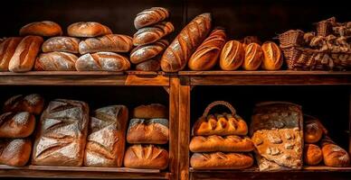 frisch gebacken Brot auf Bäckerei Vitrine, Weizen Produkte - - ai generiert Bild foto