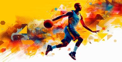 abstrakt Basketball Panorama- Hintergrund, Basketball Spieler mit Ball - - ai generiert Bild foto