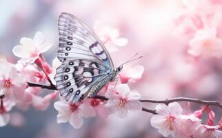 Rosa Blumen mit Schmetterling. Illustration ai generativ foto