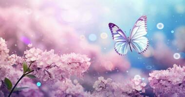 Schmetterling auf lila Wiese. Illustration ai generativ foto