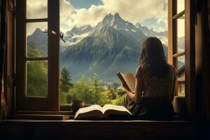 Frau Sitzung neben Fenster, mit Buch. Illustration ai generativ foto