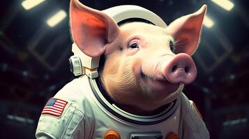 bezaubernd Schwein im Raumanzug. Schweinchen Astronaut. ai generiert. foto