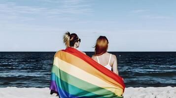 zwei Lesben Mädchen mit Regenbogen Flagge. Konzept von lgbt Stolz. ai generiert foto
