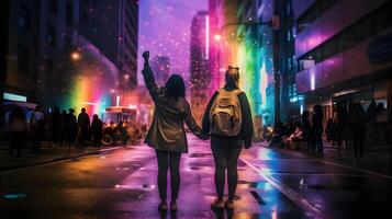 Paar auf Straße mit Regenbogen farbig Licht. Konzept von lgbt Stolz. ai generiert foto