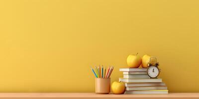 Bücher und Bleistifte auf das Tisch. Konzept von zurück zu Schule. ai generiert foto