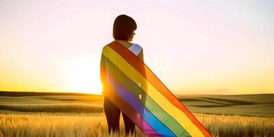 Mädchen eingewickelt im Stolz Flagge. Konzept von lgbt Stolz. ai generiert foto