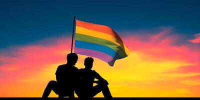 zwei Fröhlich Männer mit Regenbogen Flagge. Konzept von lgbt Stolz. ai generiert foto