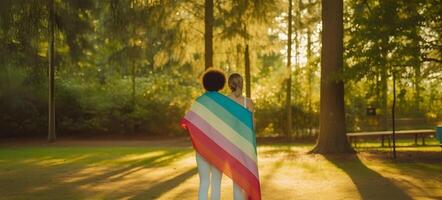zwei Lesben Mädchen eingewickelt im Regenbogen Flagge. Konzept von lgbt Stolz. ai generiert foto