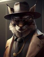 Gangster wilde Katze mit modisch passen Mantel. ai generiert foto
