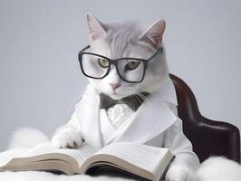 süß Haustier Katze mit Brille und geöffnet Buch. ai generiert. foto