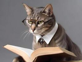 süß Haustier Katze mit Brille und geöffnet Buch. ai generiert. foto