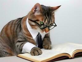 süß Haustier Katze mit Brille und geöffnet Buch. ai generiert. foto
