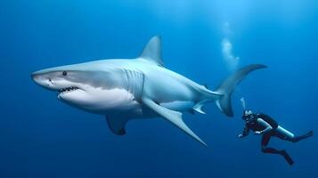 groß Hai und Taucher beim tief Ozean. unter Wasser Abenteuer. ai generiert foto