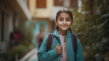 arabisch Schüler Mädchen mit Rucksack. Konzept von zurück zu Schule. ai generiert foto