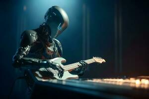 ai Roboter Musiker spielen Gitarre. futuristisch Unterhaltung auf Bühne. ai generiert foto