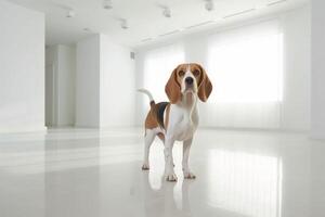 unschuldig Beagle Stehen im Weiß Zimmer - - ai generativ foto