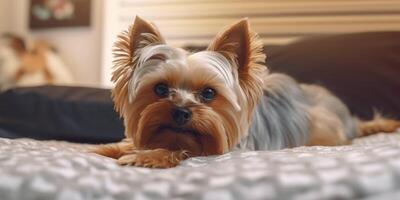 süß Yorkshire Terrier Lügen auf das Bett - - ai generativ foto