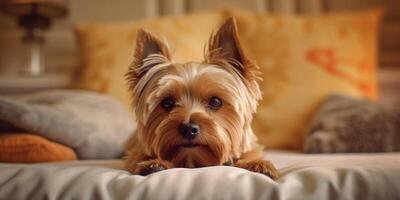 süß Yorkshire Terrier Lügen auf das Bett - - ai generativ foto