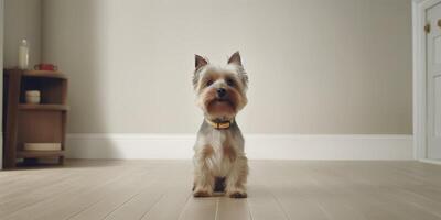 süß Yorkshire Terrier Stehen im minimalistisch Leben Zimmer - - ai generativ foto