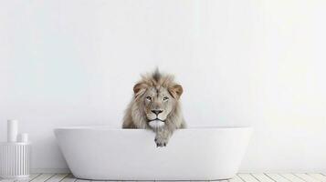 ein Löwe im ein Badewanne mit ein Weiß Hintergrund - - generativ ai foto