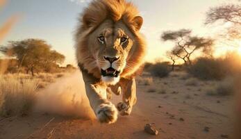 ein Löwe Laufen durch das Tierwelt beim Sonnenuntergang - - generativ ai foto