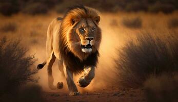 ein Löwe Laufen durch das Tierwelt beim Sonnenuntergang - - generativ ai foto