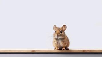 ein Hamster sitzt auf ein Tabelle mit ein Weiß Hintergrund - - generativ ai foto