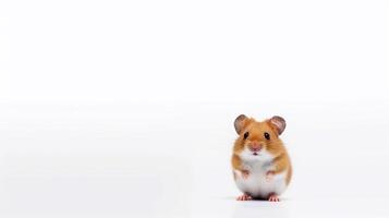 ein Hamster sitzt auf ein Tabelle mit ein Weiß Hintergrund - - generativ ai foto