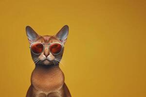 Porträt von ein jung Abessinier Katze tragen braun Sonnenbrille. generativ ai foto