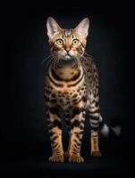 Studio Fotografie von ein Bengalen Katze auf farbig Hintergründe, Scheinwerfer. generativ ai foto