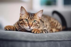 Bengalen Katze Lügen auf Sofa beim Zuhause und suchen beim Kamera. generativ ai foto