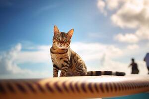 schön Bengalen Katze Sitzung auf ein Surfbrett durch das Meer. generativ ai foto