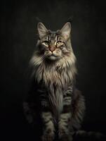 Porträt von ein langhaarig Maine Waschbär Katze auf dunkel Hintergrund. generativ ai foto