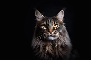 Porträt von ein Maine Waschbär Katze auf ein schwarz Hintergrund. generativ ai foto