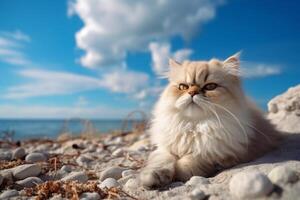 persisch Katze auf das Strand mit Blau Himmel und Weiß Wolken. generativ ai foto