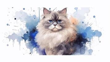 Ragdoll Katze auf ein Weiß Hintergrund mit Blau Aquarell Spritzer. generativ ai foto